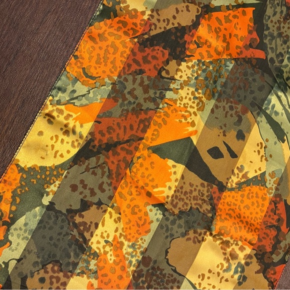 Orange Scarf 13x58 long Orange, Green, Yellow believe to be polyester preowned - Picture 3 of 6